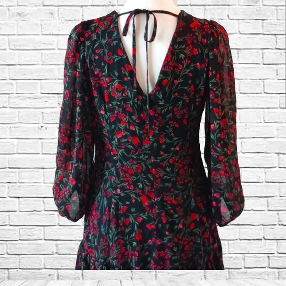 🌲🌹Calvin Klein Black & Red Floral Holiday Christmas Chiffon Dress Size 4 - Picture 1 of 13